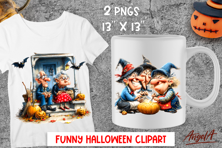 Halloween clipart Cute elderly ladies witches, couple PNG