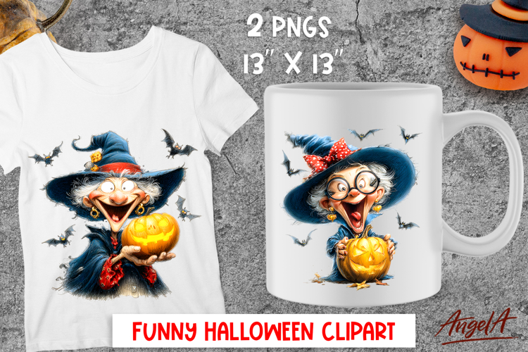 Halloween clipart Elderly cute witch holding a pumpkin PNG