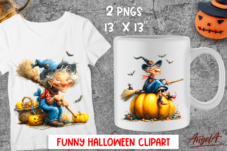 Halloween clipart Elderly witch with broomstick on pumpkin