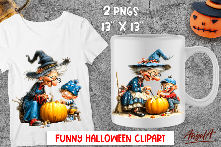 Halloween clipart Elderly lady, cute witch with grandson png
