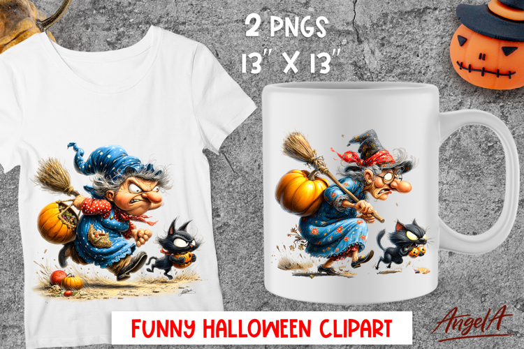 Halloween clipart Grandma, cute witch and black cat PNG