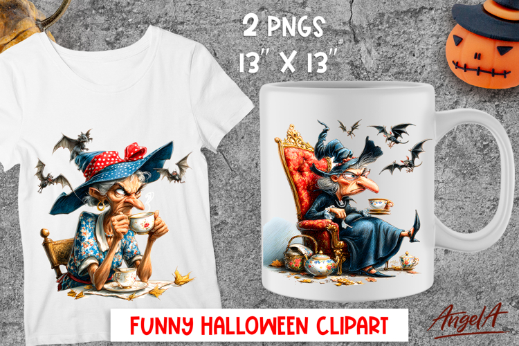 Halloween clipart cute elderly lady, witch drinking tea PNG