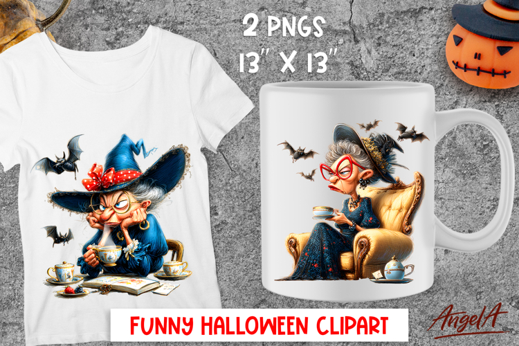 Halloween clipart cute elderly lady, witch drinking tea PNG