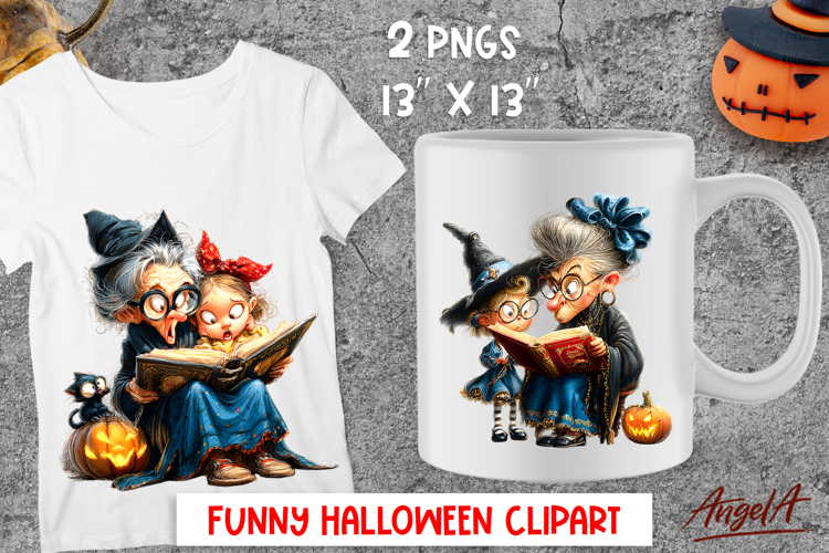 Halloween clipart cute witch with girl reading book PNG