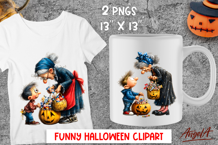 Halloween clipart cute elderly lady with boy, grandson PNG