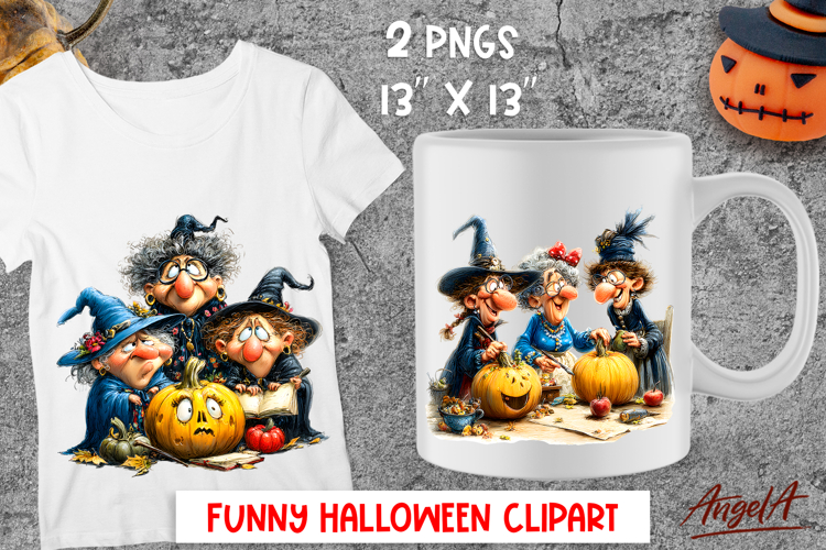 Halloween clipart Cute elderly witches with friends pumpkin