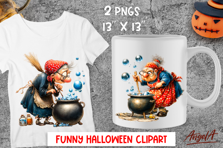 Halloween clipart Elderly lady Grandma cooking in cauldron