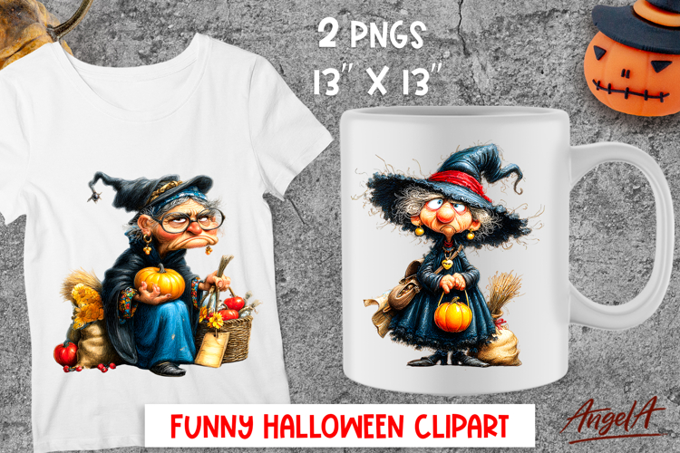 Halloween clipart Cute Witch with pumpkin Elderly lady PNG example image 1