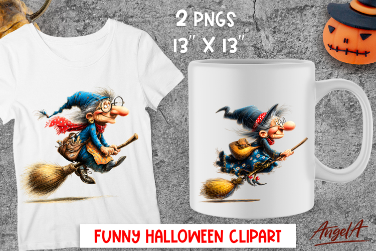 Halloween clipart Cute Witch Broomsticks Elderly lady PNG example image 1