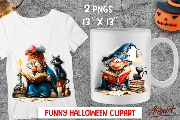 Halloween clipart Cute elderly lady witch reading black cat