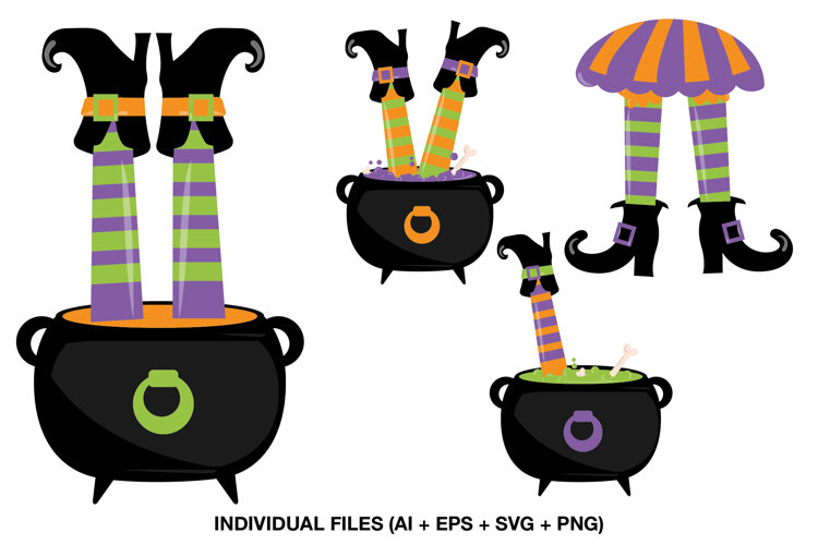 Halloween witch legs clipart with striped stockings boots and bubbling cauldrons
