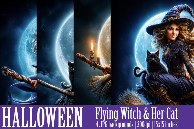 Halloween Backgrounds, Halloween Flying Witch with Black Cat