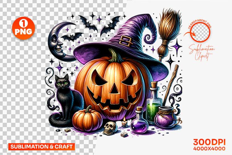 Halloween Witch Pumpkin Black Cat Clipart PNG Sublimation