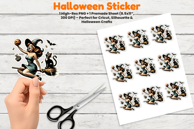 Halloween Witch Riding Cat Sticker Sublimation Design PNG