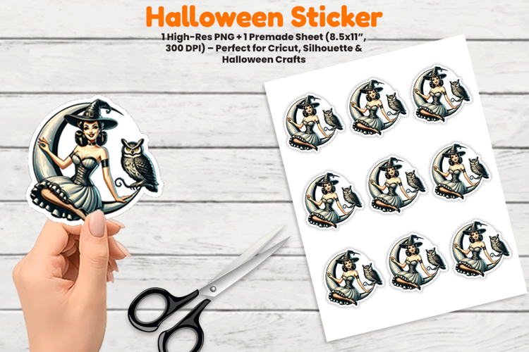 Halloween Witch Riding Owl Sticker Sublimation Design PNG
