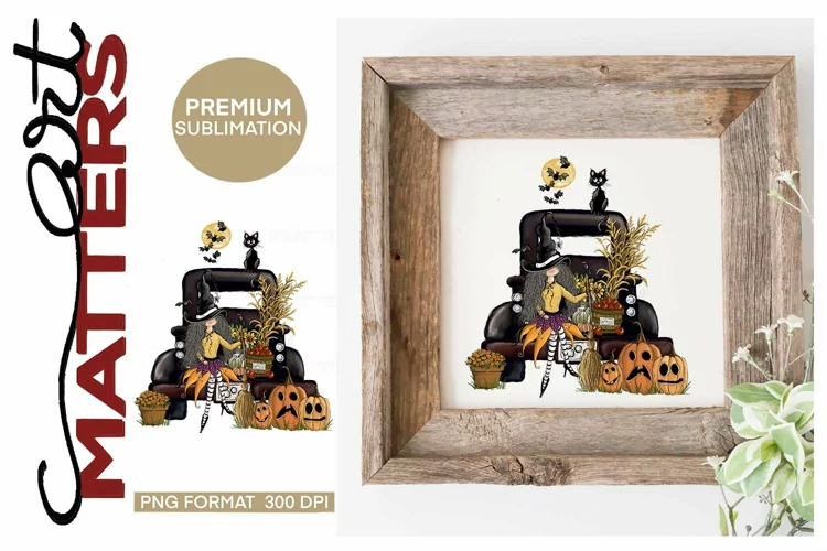 Halloween Witch Vintage Truck Fall Pumpkins - 300 DPI