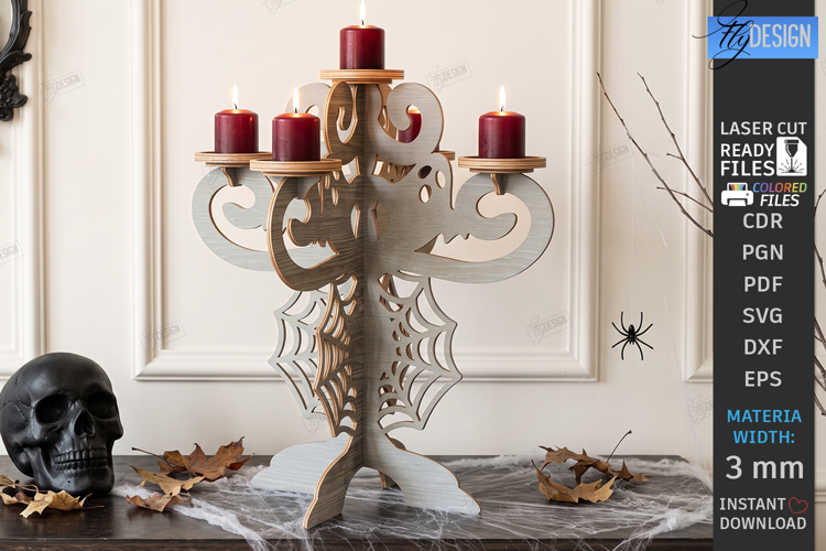 Halloween Wooden Candle Holder Laser Cut | Gothic Candelabra