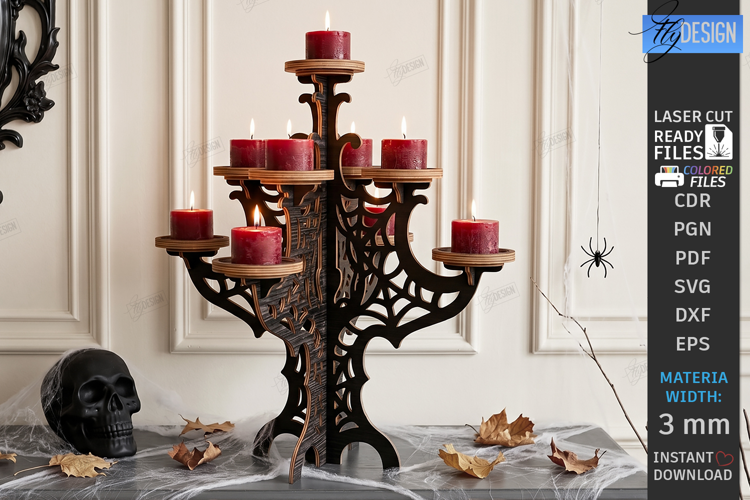 Halloween Wooden Candle Holder Laser Cut | Gothic Candelabra
