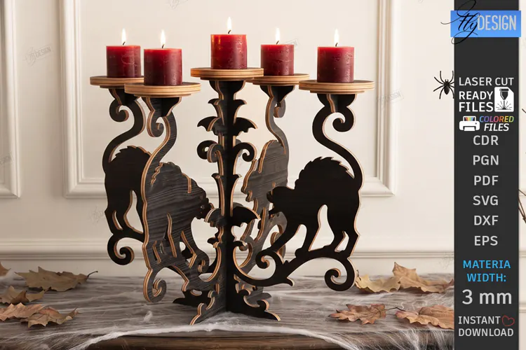 Halloween Wooden Candle Holder Laser Cut | Gothic Candelabra