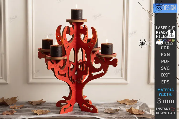 Halloween Wooden Candle Holder Laser Cut | Gothic Candelabra