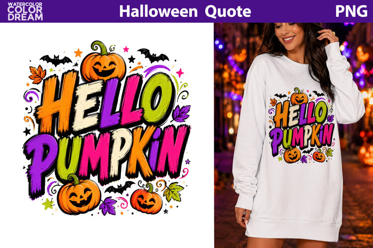 Hello Pumpkin Quote | Colorful Fall Sublimation example image 1