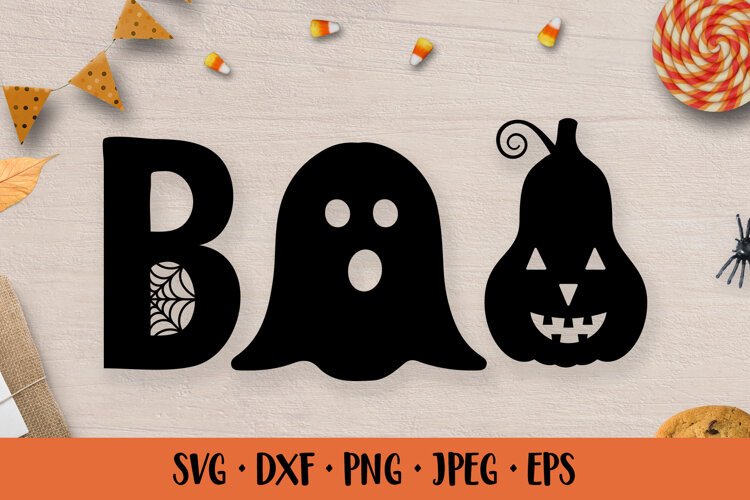 Boo with cute ghost and pumpkin SVG. Funny Halloween design example image 1
