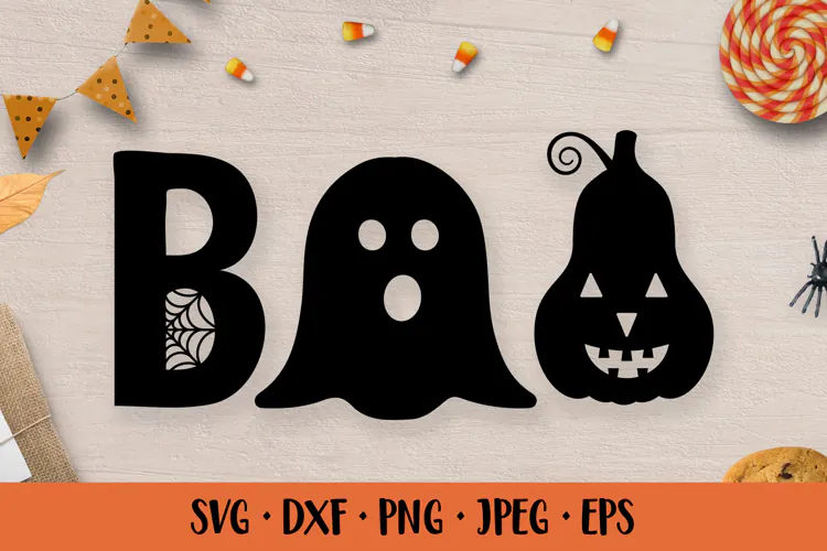 Boo with cute ghost and pumpkin SVG. Funny Halloween design