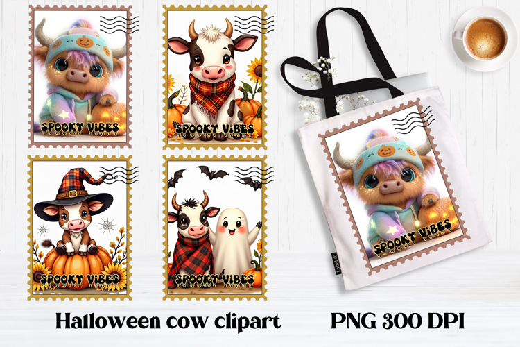 Cute Halloween cow clipart PNG | Halloween postage stamp