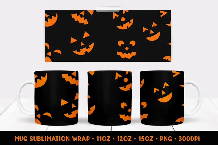 Halloween Pumpkin Faces Mug Wrap Sublimation Design 014