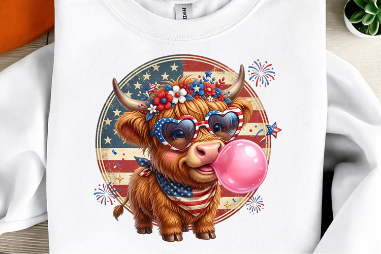 Hand Drawn 4th of July Highland Cow PNG