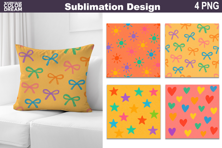 Hand-drawn Background Pillow | Bow Heart Stars Sun Print