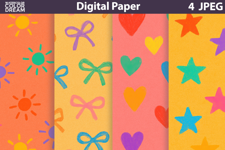 Hand Drawn Digital Paper | Kids Sun Bow Heart Stars