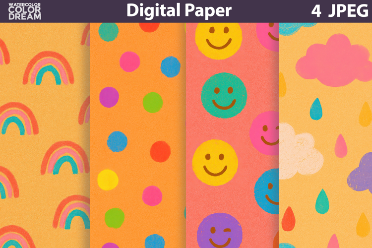 Hand Drawn Digital Paper | Kids Rainbow Cloud Polka Dot