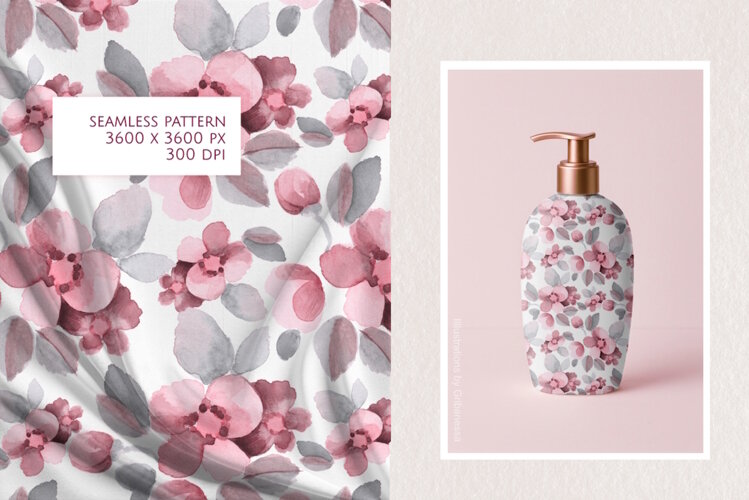 Hand-Drawn Pink and Grey Watercolor Floral Seamless Pattern example image 1