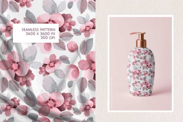 Hand-Drawn Pink and Grey Watercolor Floral Seamless Pattern