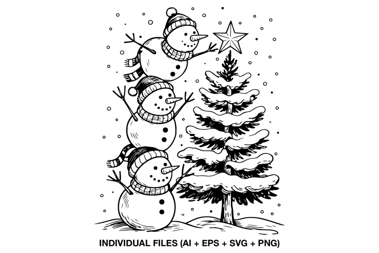 Hand Drawn Snowman Scene SVG, Detailed Christmas Art PNG