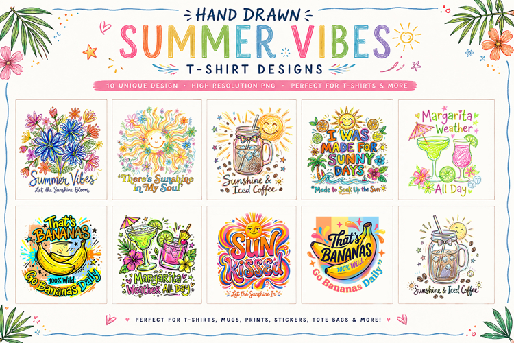 Hand Drawn Summer Vibes Sublimation Coastal T-Shirt Designs