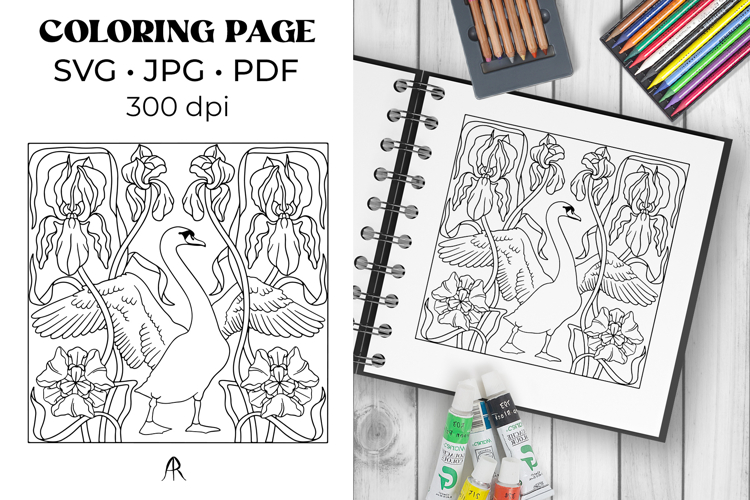 Art Nouveau Swan Coloring Page | Iris Flowers Coloring Sheet