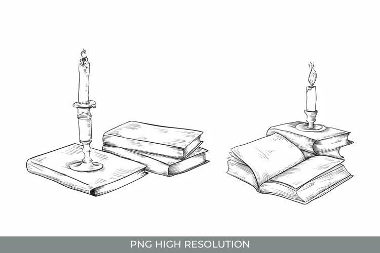 Hand Drawn Vintage Books and Candle Clipart