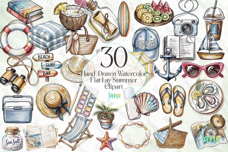 Hand-Drawn Watercolor Flat Lay Summer Clipart