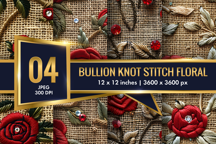 Red Roses Bullion Knot Stitch Floral Design Digital Paper