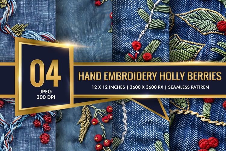 Hand Embroidery Holly Berries Digital Paper