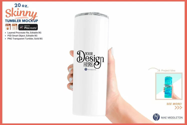 Skinny Tumbler Mockup | Layered Procreate, psd, png files