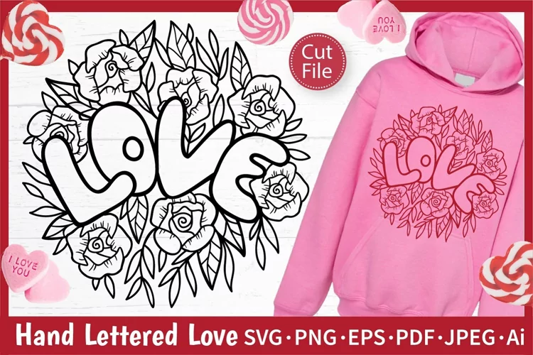 Hand Lettered Love with Flowers Round Ornament SVG Cut File