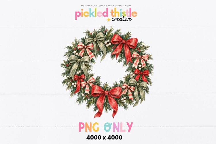 Vintage Christmas Wreath PNG, Red Bow Holiday Sublimation example image 1