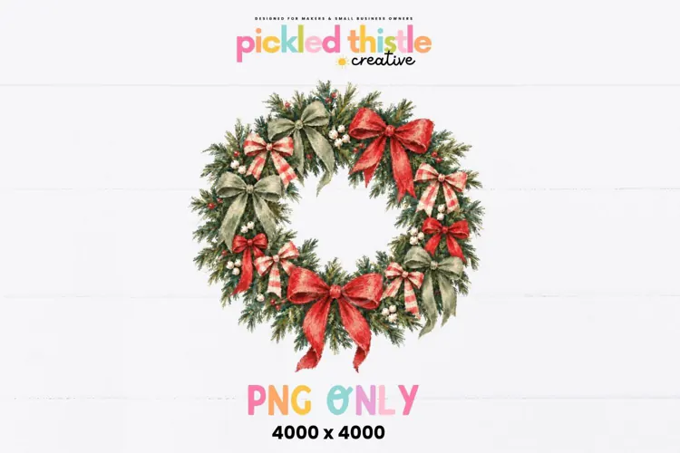 Vintage Christmas Wreath PNG, Red Bow Holiday Sublimation