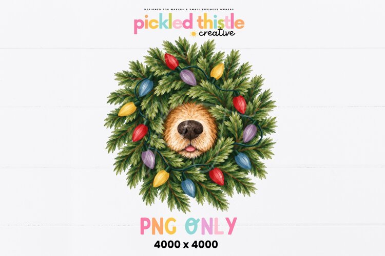 This rustic Christmas dog PNG features textured brushstrokes, deep forest-green pine needles, oversized colorful Christmas bulbs, and an adorable dog partially hidden inside the wreath.