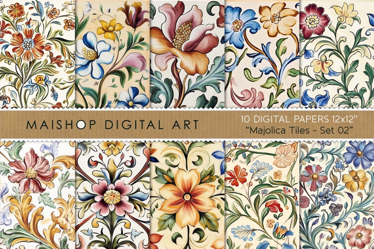 Hand-painted Majolica Tiles Digital Papers