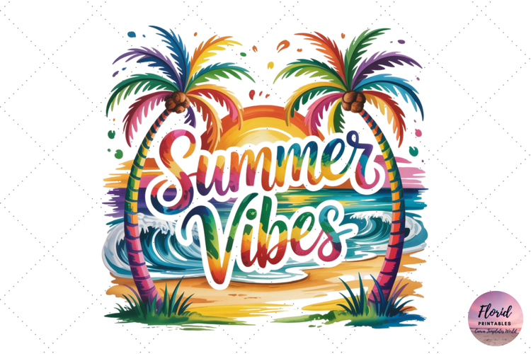 Hand-Painted Summer Vibes Script with Rainbow Palms