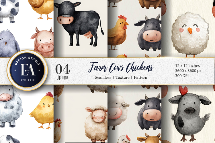 Seamless Farm Animals Watercolor Cows Chickens Paper